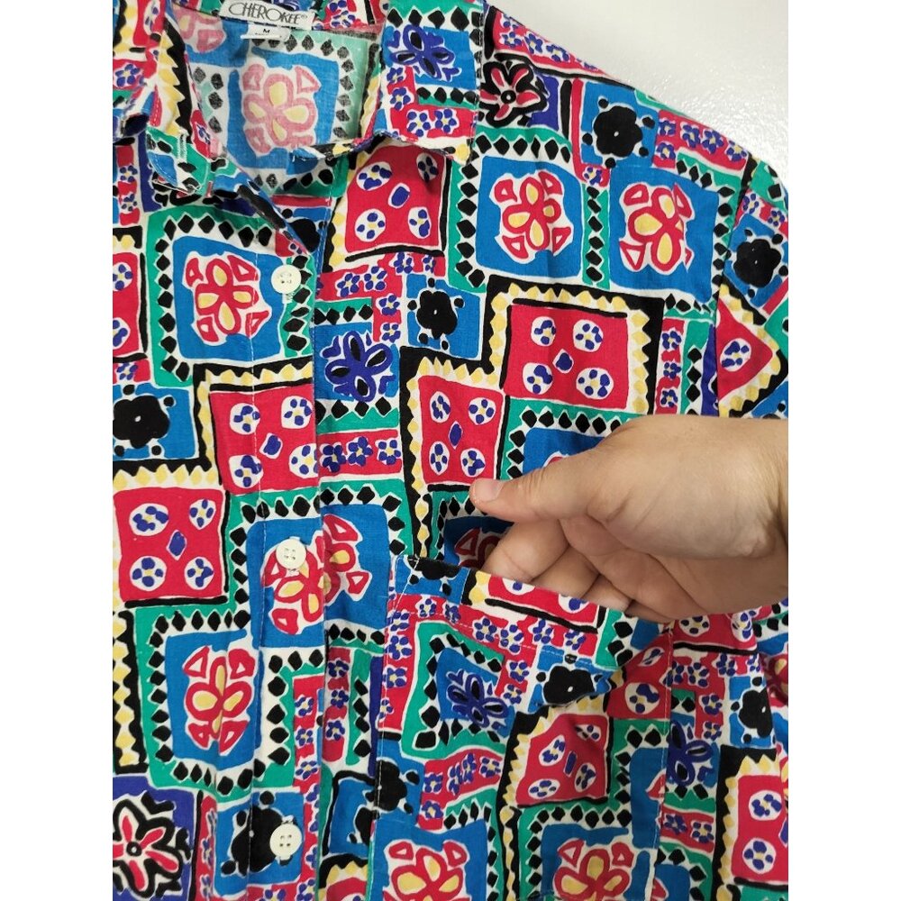 VTG CHEROKEE Women's SZ M Button Up Colorful Abstract Shirt Cotton USA Beach - Picture 3 of 8